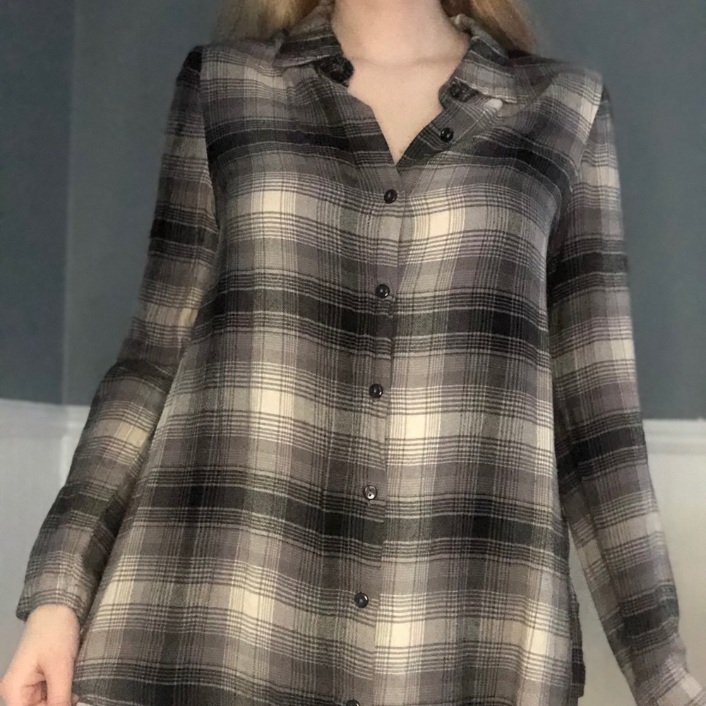 Grey, White, and Black Plaid Button Down Shirt